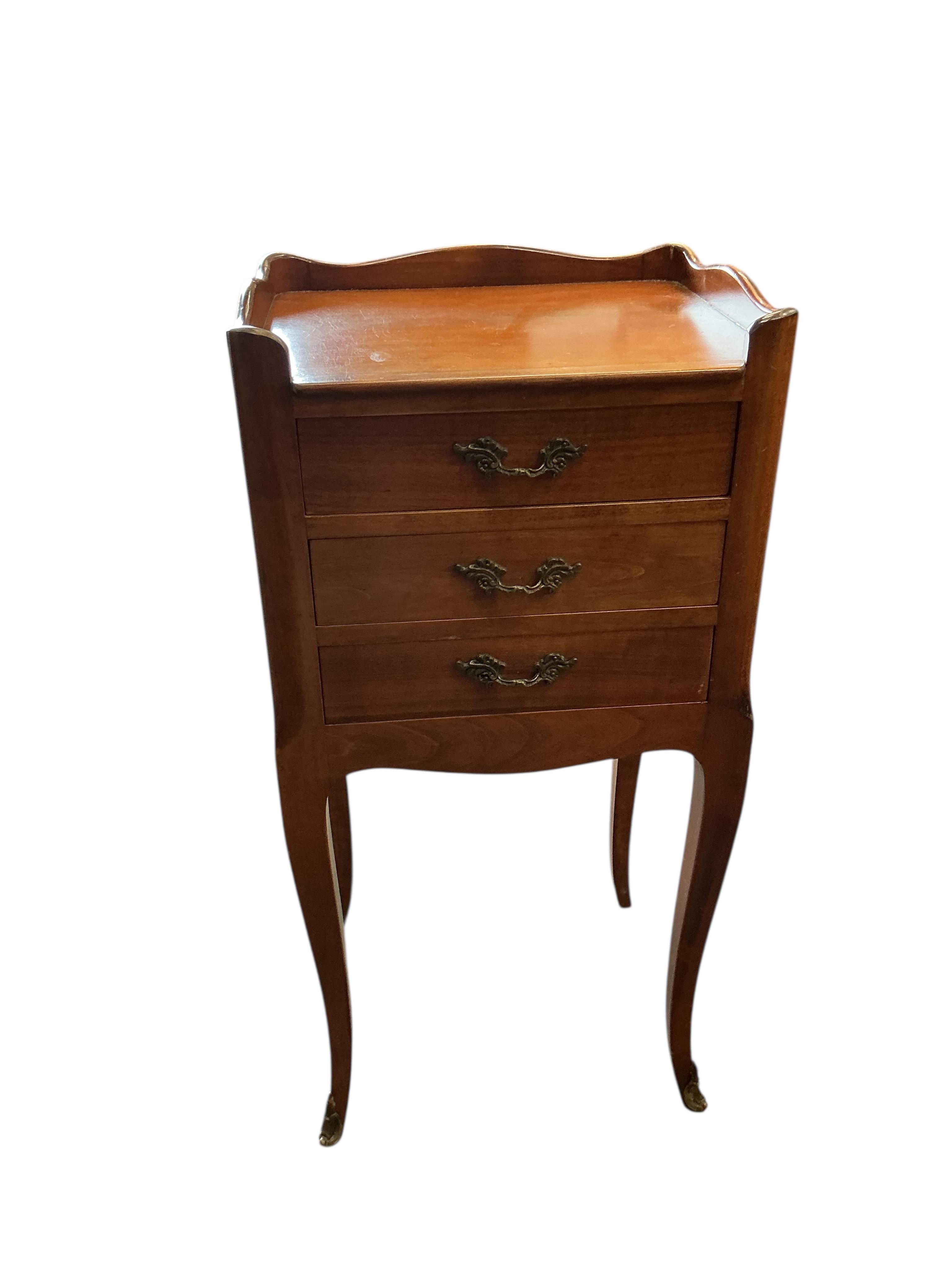 A pair of French cherry three drawer bedside chests, width 35cm, depth 29cm, height 73cm